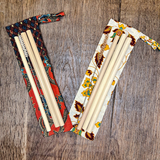 Bamboo Straws and Cleaner in Handmade Pouch