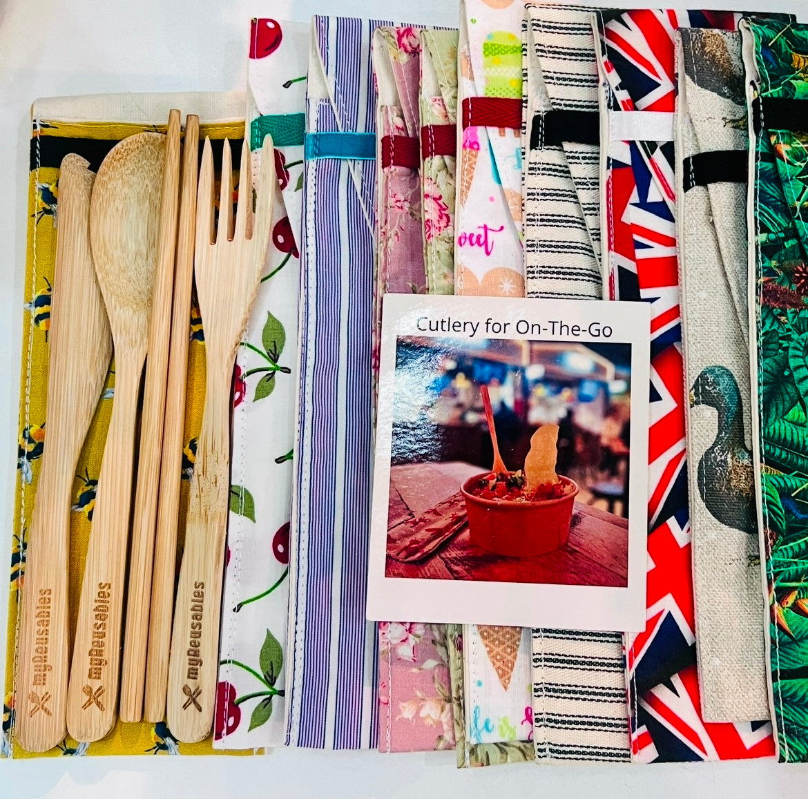 Bamboo Cutlery in Handmade Pouch - Various Fabrics