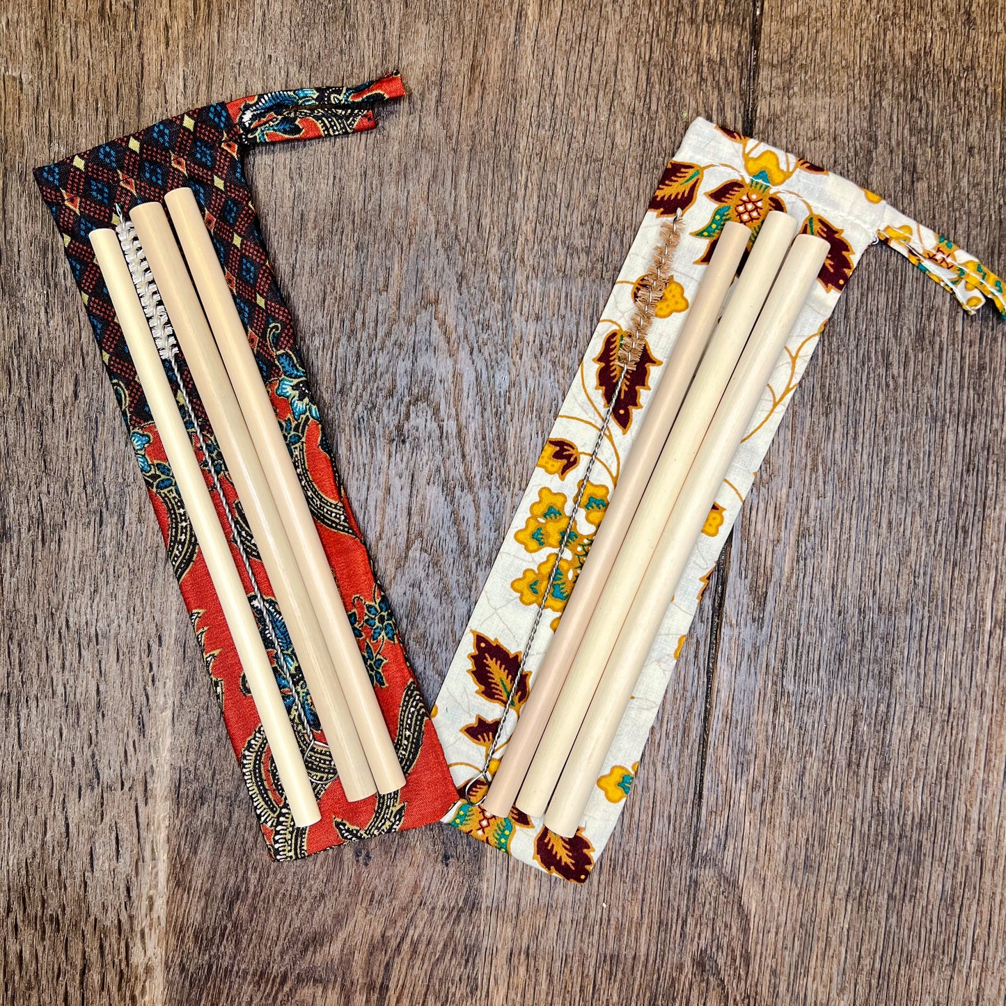 Bamboo Straws and Cleaner in Handmade Pouch